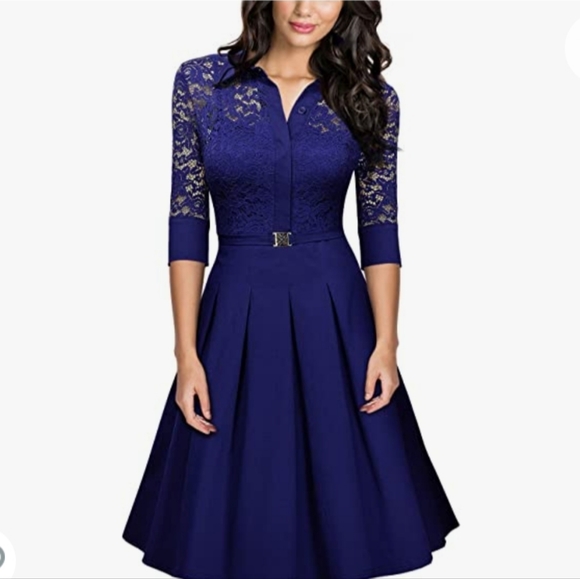 Blue 3/4 Sleeve Flare Vintage Midi Lace Dress - Picture 5 of 5